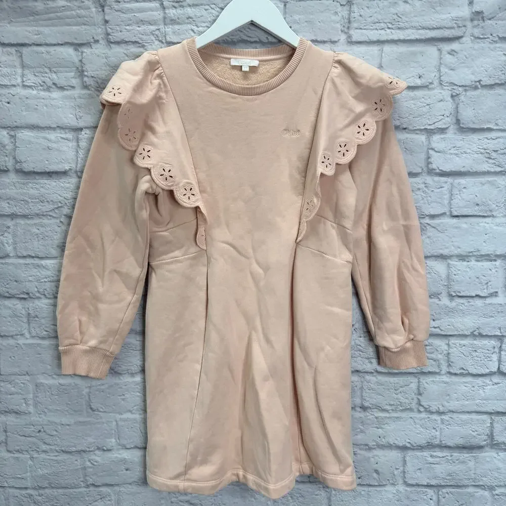 Chloe Girls Ruffle Sleeve Dress Size 12 Logo Flower Pink Cotton Scallop